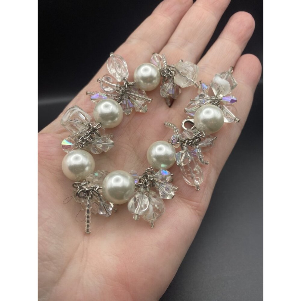 Faux White Pearl Bracelet AB Crystal Silver Tone Bridal Prom Pageant Fits 6.5" - Picture 3 of 8